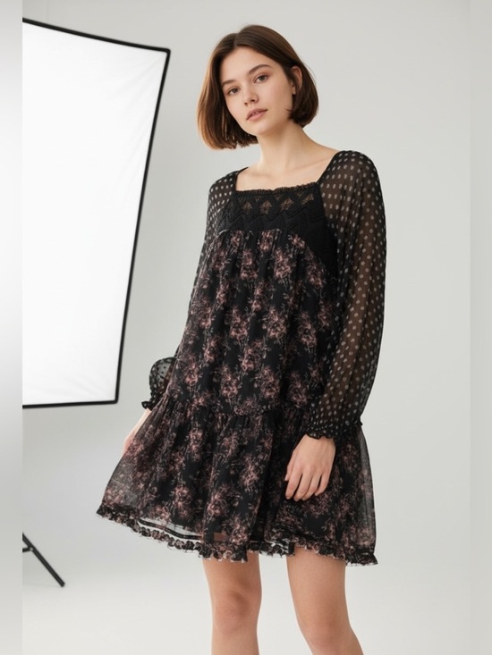 Free People Dresses & Skirts - Free People Floral Lace Mini Dress Sheer Polka Dot Babydoll Cottagecore Size XS